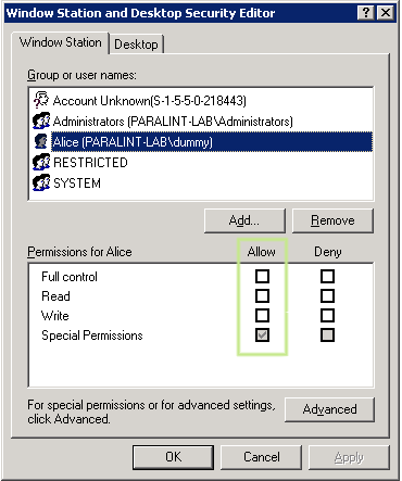 Running winstadacl to show the user SID and logon SID