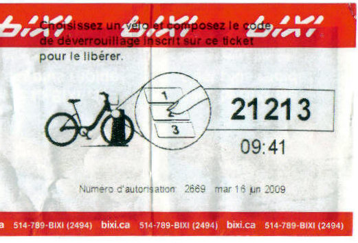 Billet bixi portant le code 21213